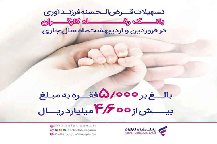 پرداخت بیش از ۴,۶۰۰ میلیارد ریال تسهیلات قرض‌الحسنه فرزندآوری از سوی بانک رفاه کارگران