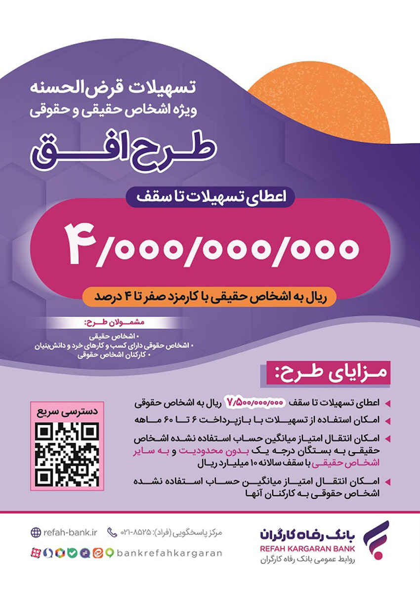 مبلغ تسهیلات قرض‌الحسنه طرح “افق” بانک رفاه کارگران افزایش یافت